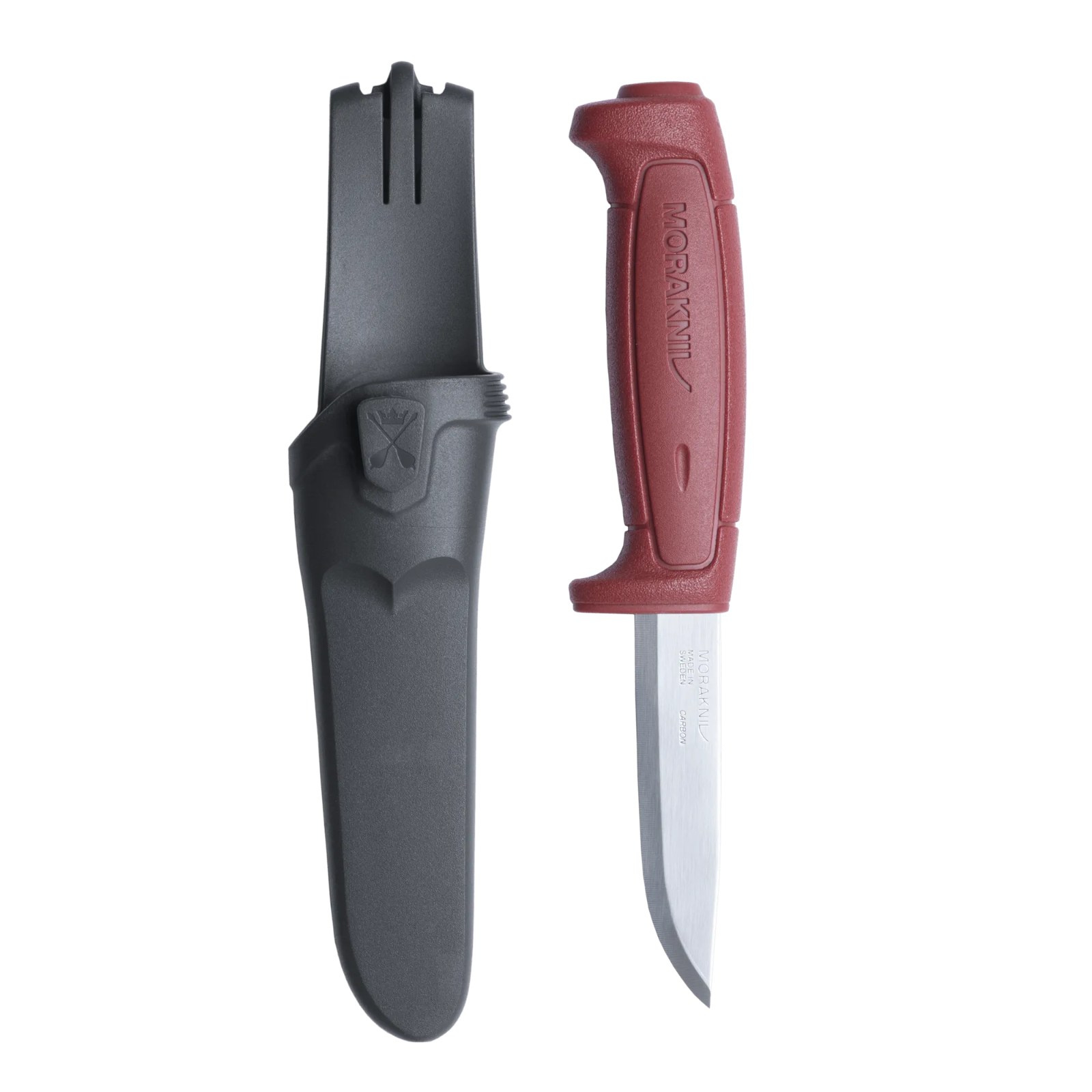 Nóż Morakniv Basic 511 z czerwoną rękojeścią i czarną pochwą