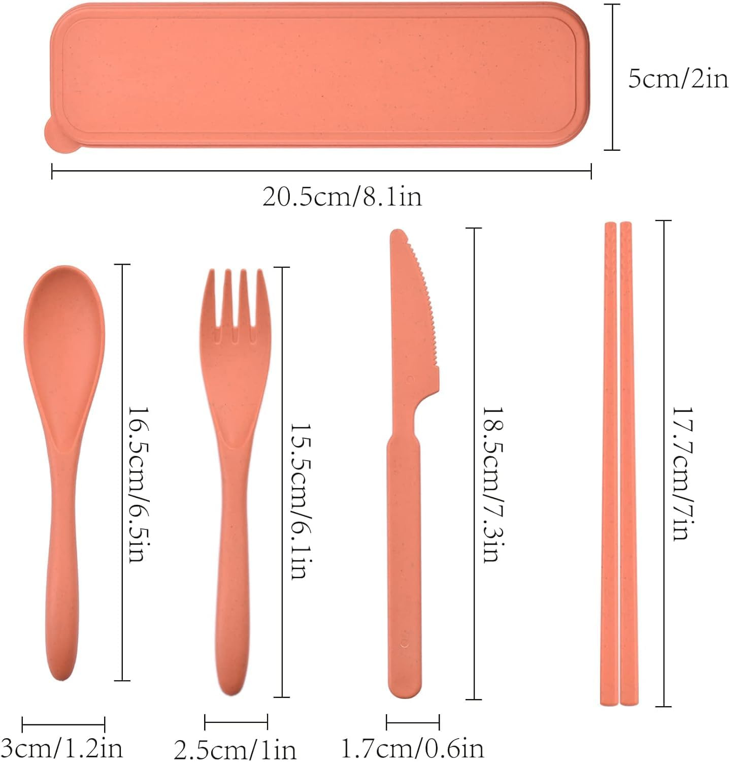 Wymiary zestawu sztućców podróżnych: etui 20,5 cm, nóż 18,5 cm, widelec 15,5 cm, łyżka 16,5 cm, pałeczki 17,7 cm